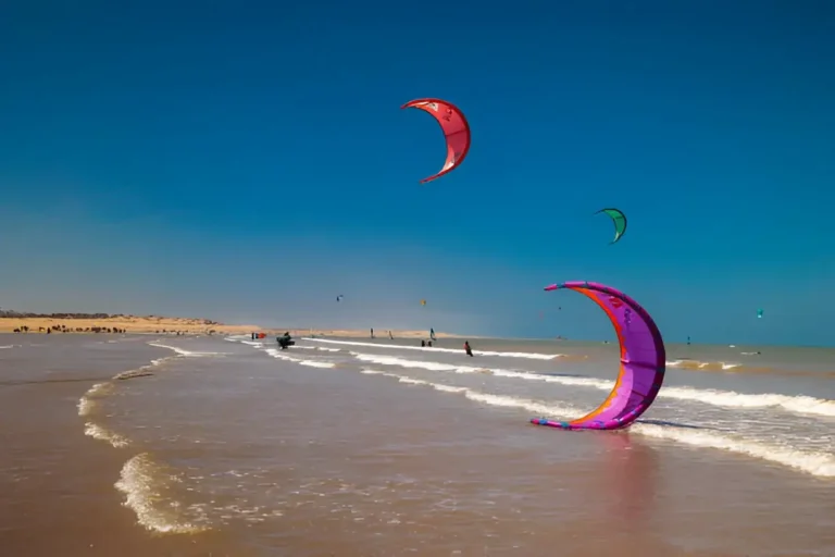 Essaouira, Maroc La plage océane avec de très nombreuses ailes de kitesurf