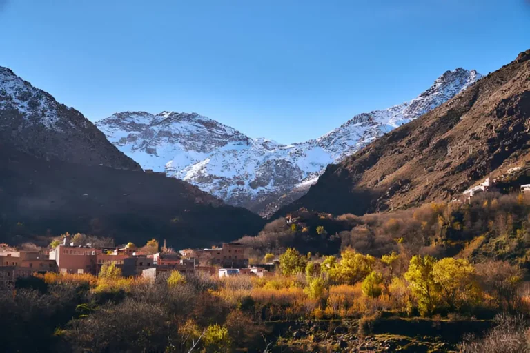 View of the valley in the High Atlas Mountains in Africa with Jebel Toubkal mountain in the background